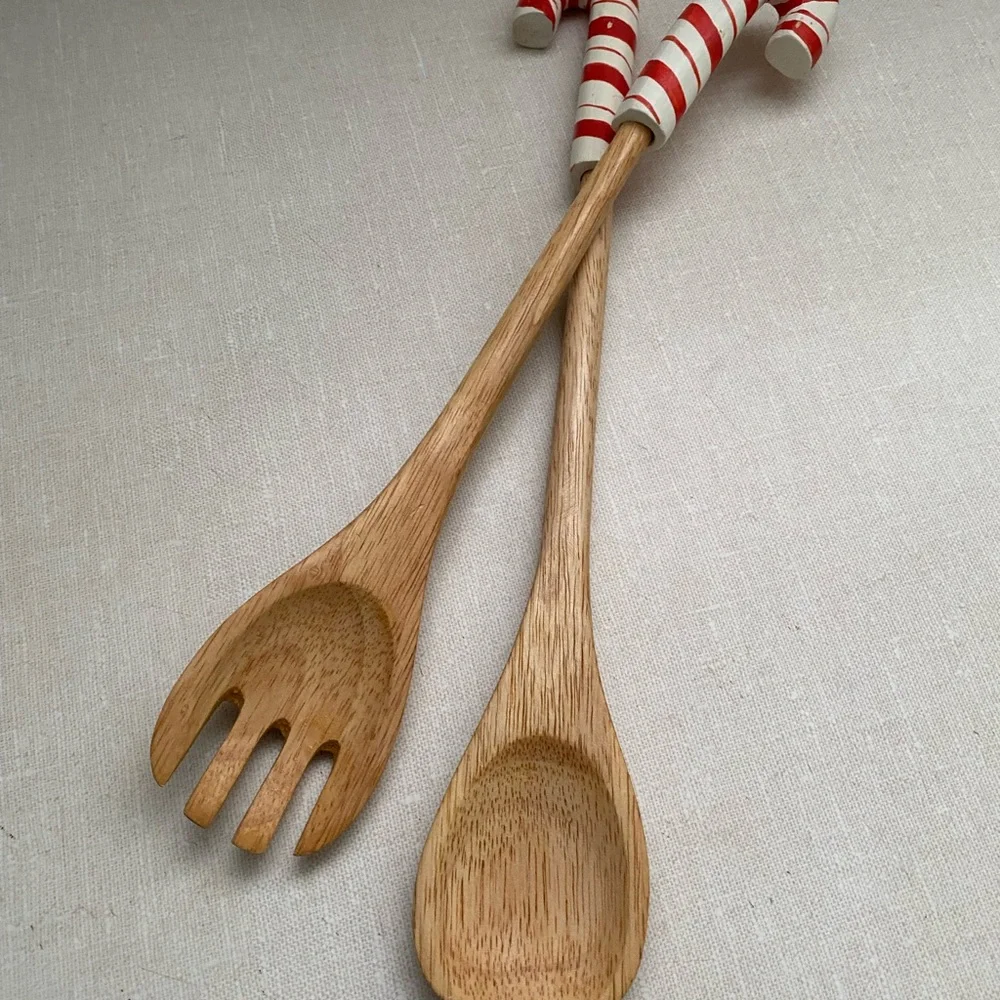 Vintage Christmas Wooden Salad Servers spoons with‎ Candy Cane Handles